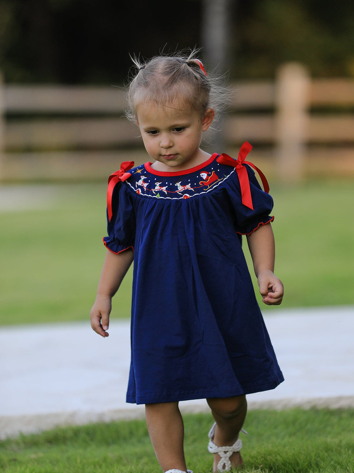 Christmas  Holiday Celebration Dress: Navy with Santa Sleigh