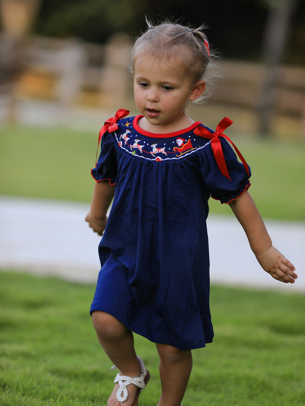 Christmas  Holiday Celebration Dress: Navy with Santa Sleigh