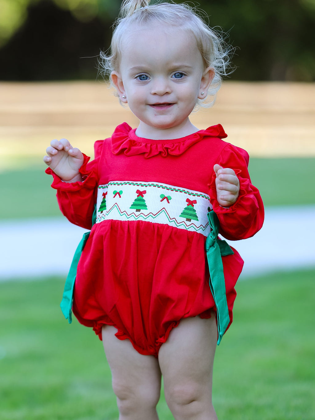 Christmas Smocked Girls Romper with Green Bow and Tree Embroidery
