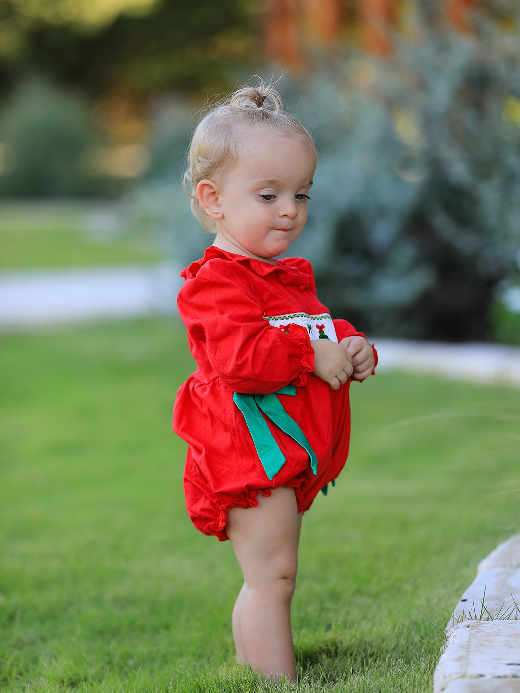 Christmas Smocked Girls Romper with Green Bow and Tree Embroidery