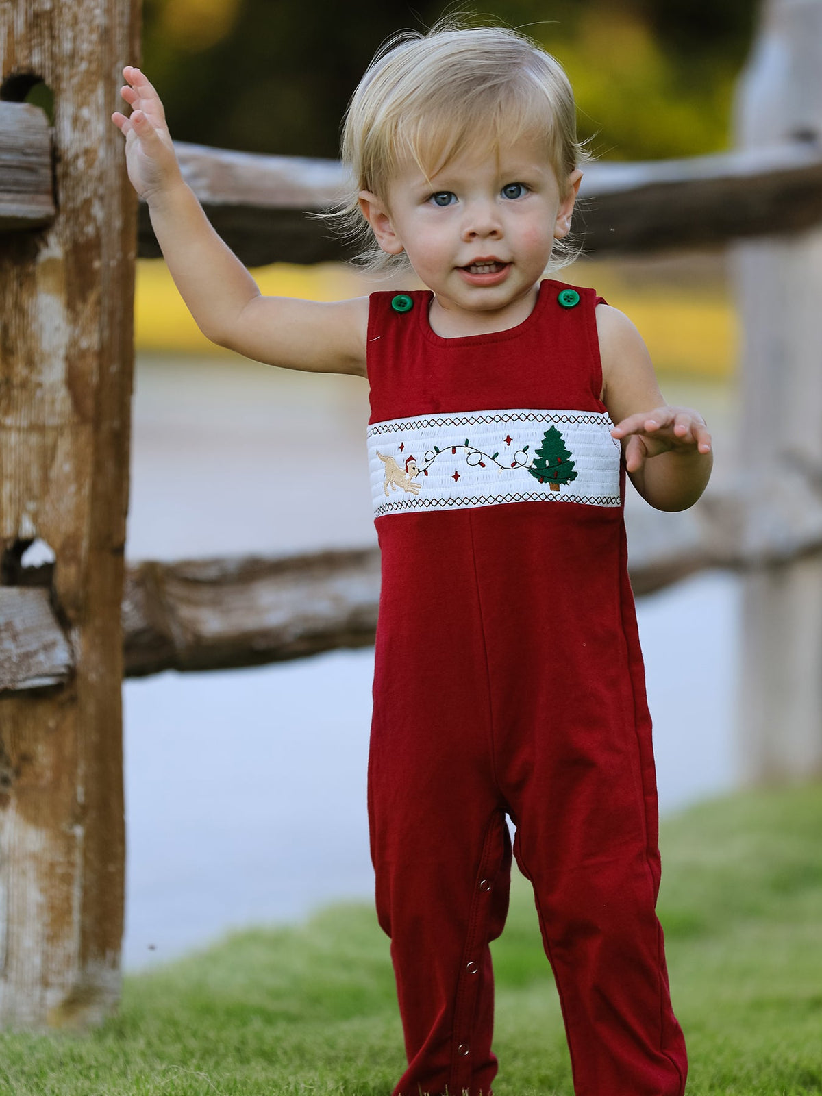 Christmas Tree Dog Smocking Embroidered Baby Boys Romper