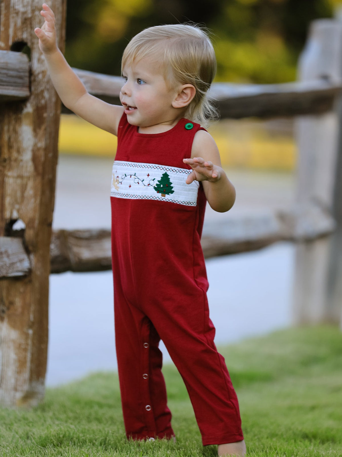 Christmas Tree Dog Smocking Embroidered Baby Boys Romper