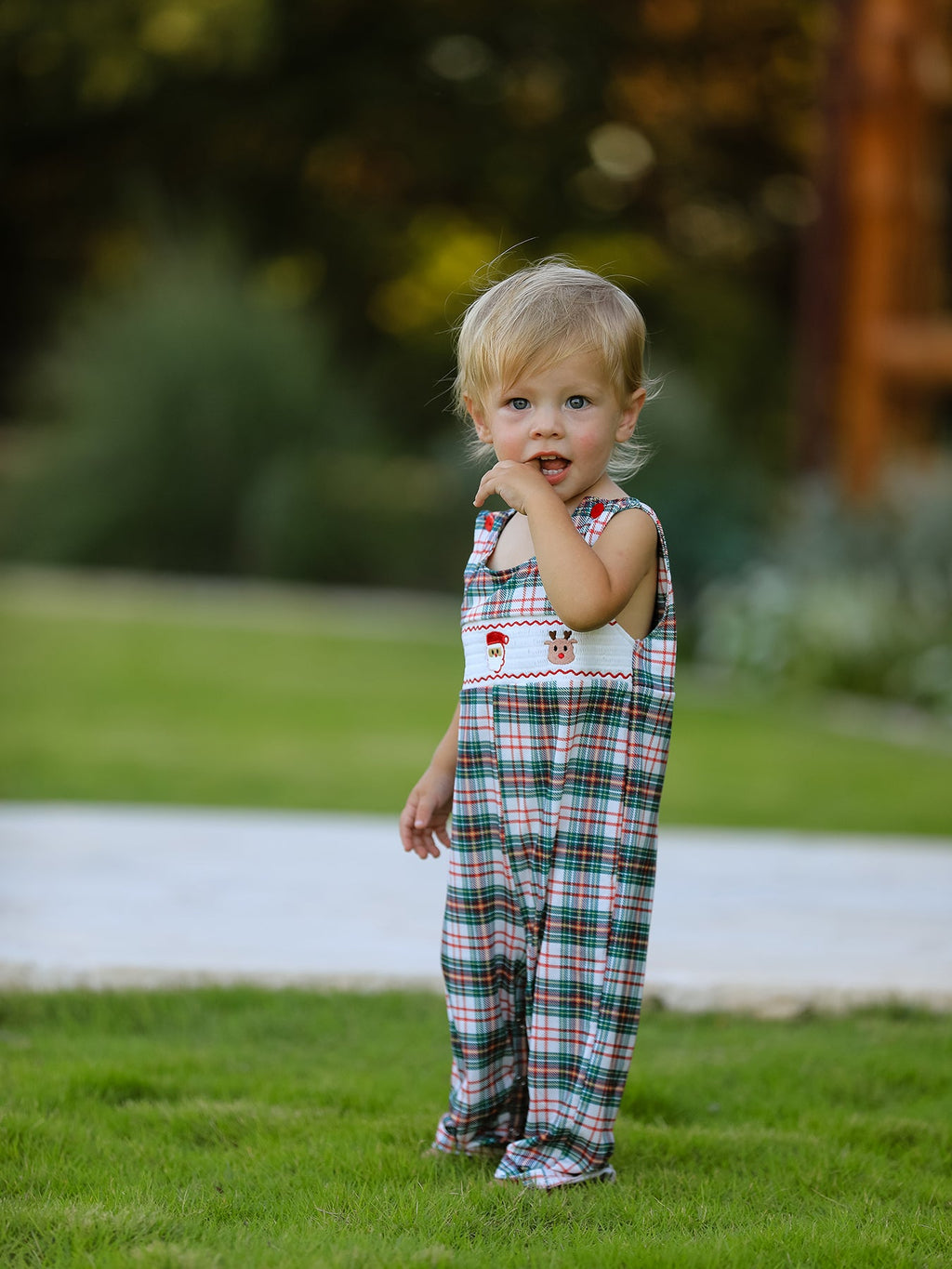 Christmas Jonjon Plaid Smocking Embroidered Boys Romper