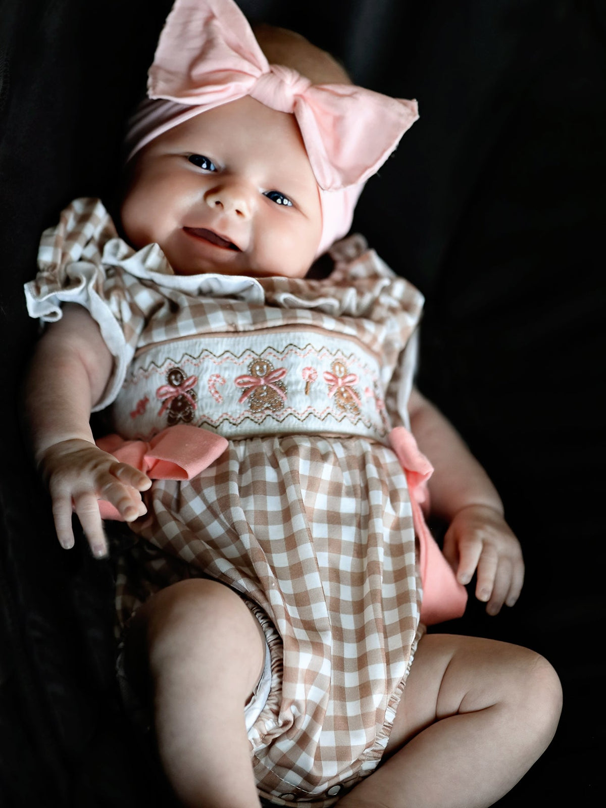 Christmas Vintage-Style Plaid Embroidered Gingerbread and Bows Girls Romper