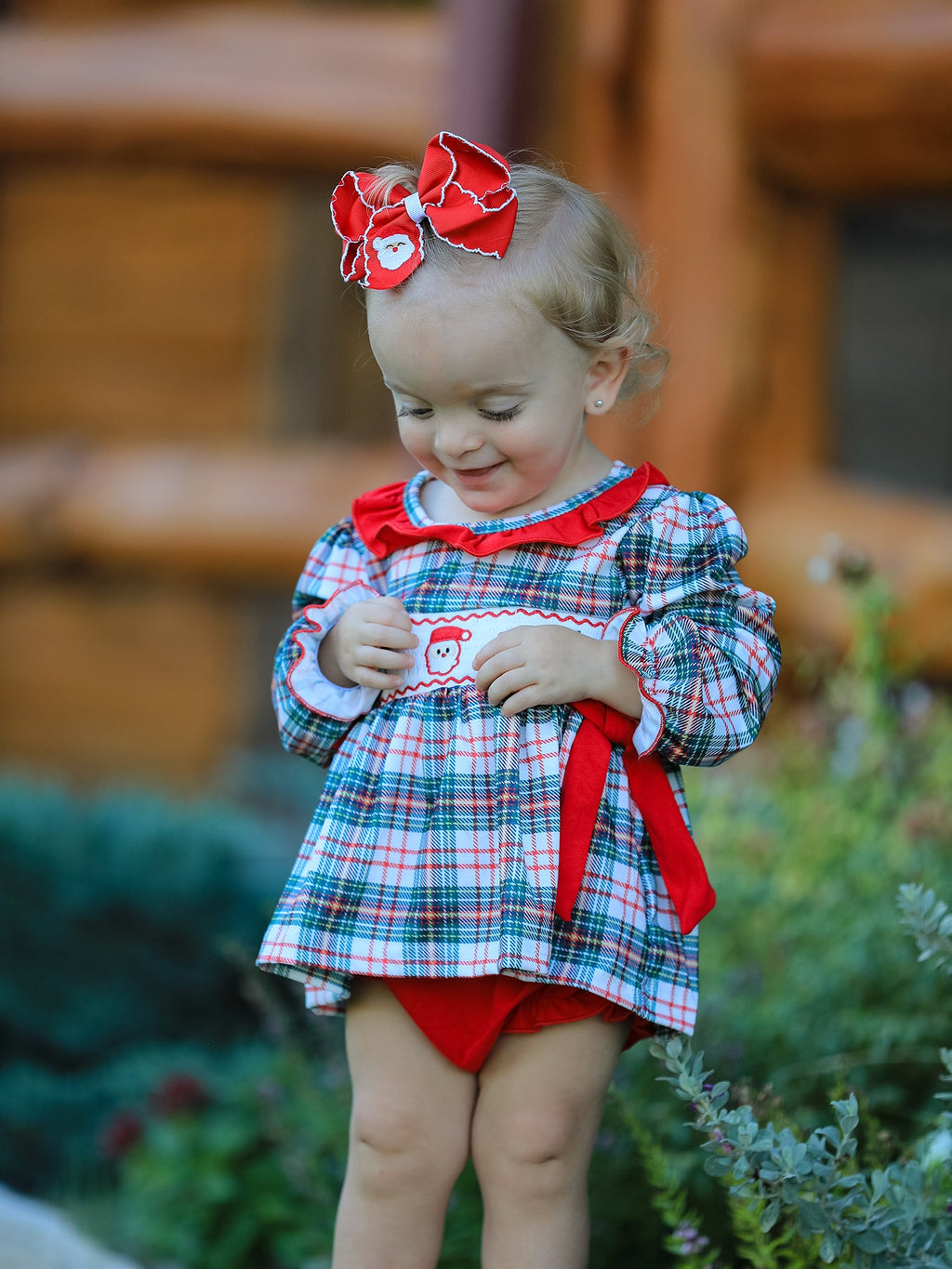 Christmas Plaid Smocking Embroidered Girls Bloomers Romper Set