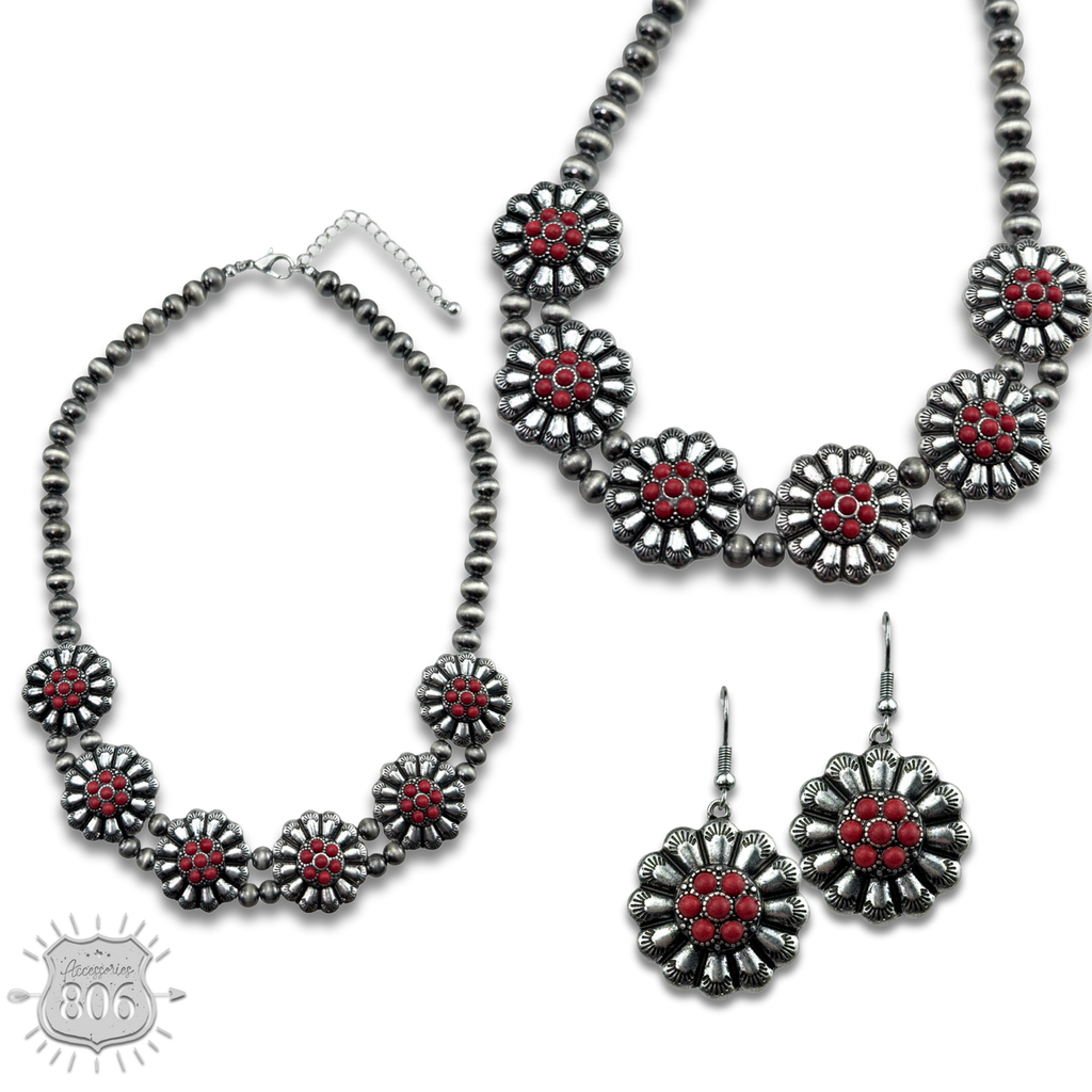 Burnished bead, stone flower necklace set, last call