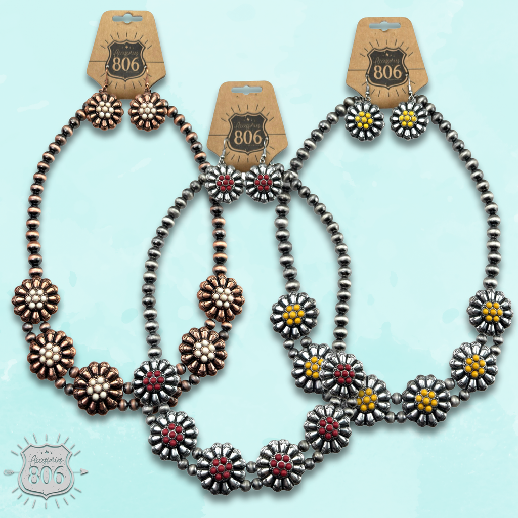 Burnished bead, stone flower necklace set, last call
