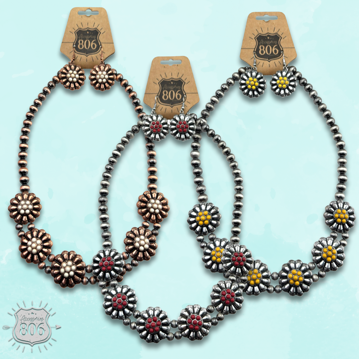 Burnished bead, stone flower necklace set, last call