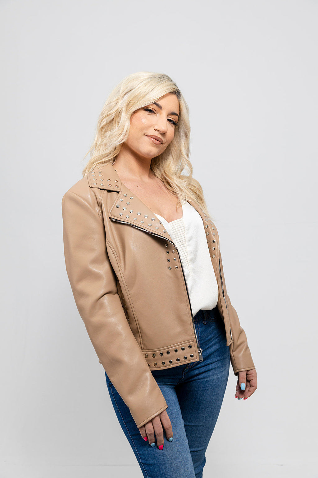 Sandy Women's Studded Faux Leather Moto Jacket